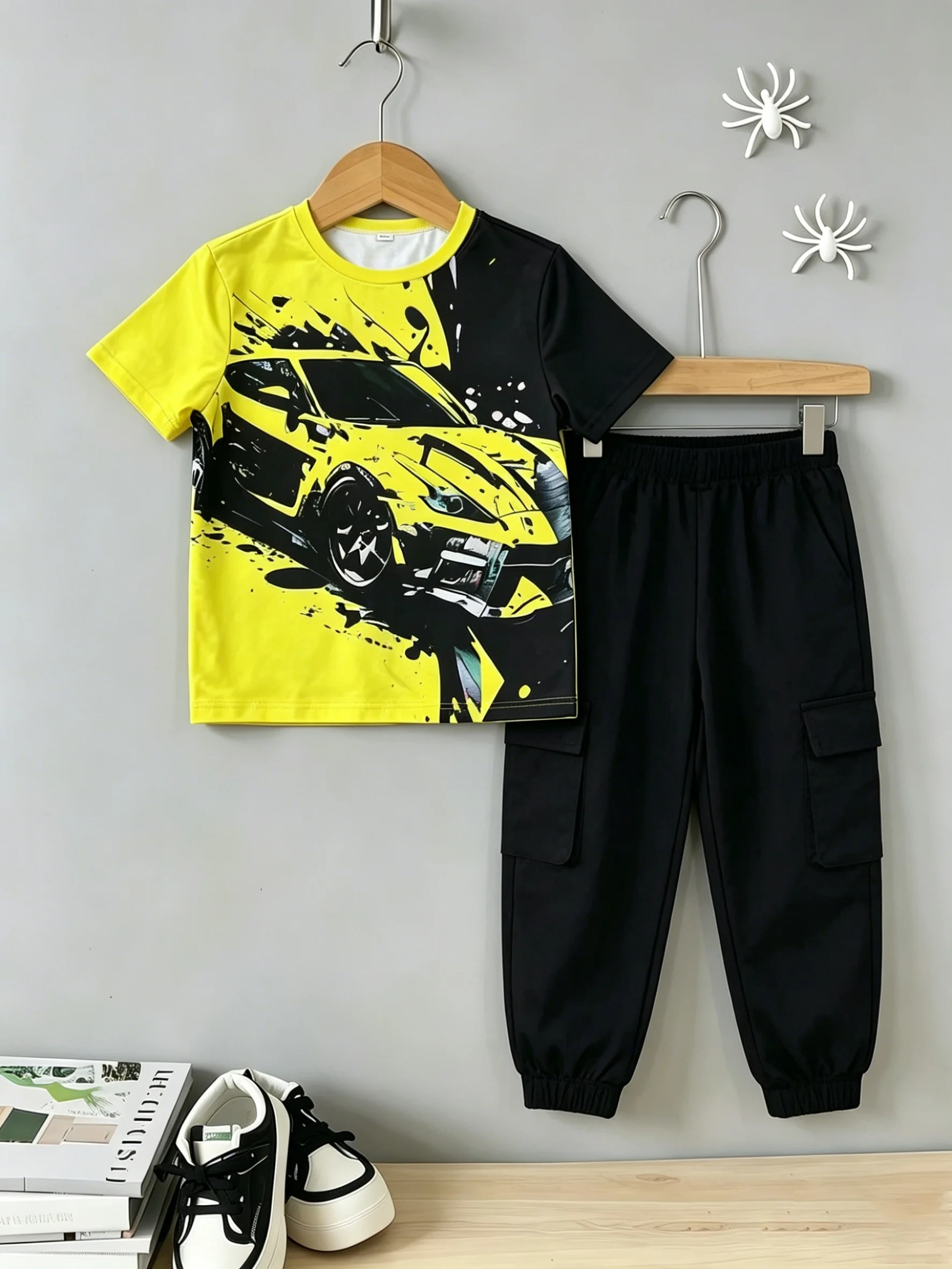 Boys Summer Clothing Set Racing Car Print T-Shirt + Black Cargo Pants 2Pcs Kids Streetwear Casual Outfits Children Tracksuit