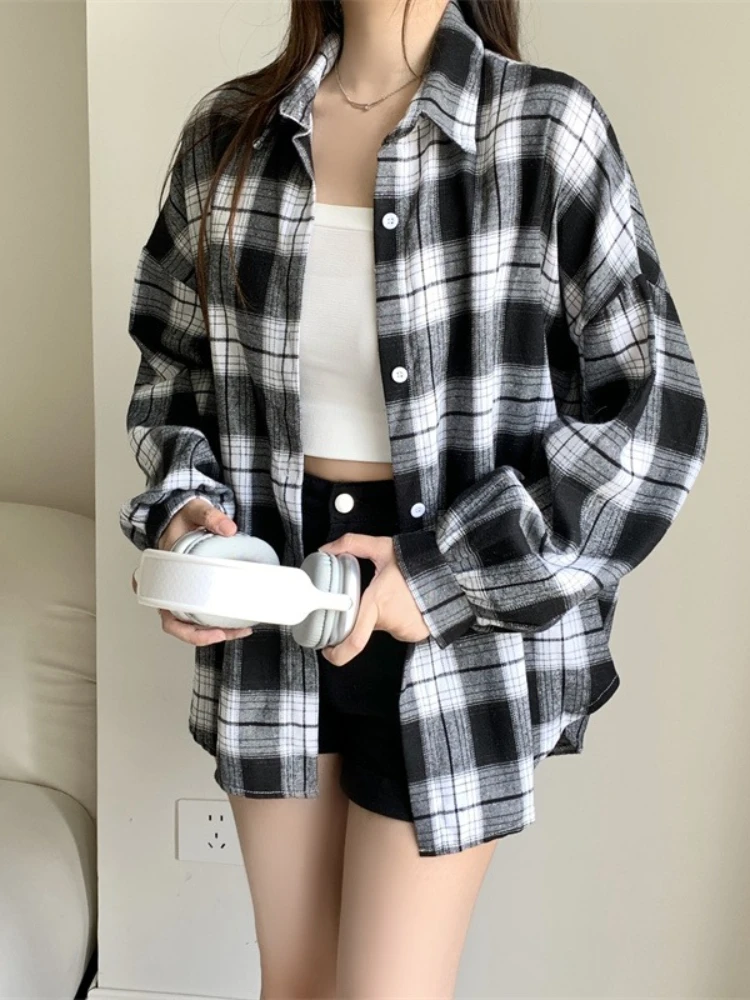 Camicia scozzese in bianco e nero per donna Autunno Inverno Manica lunga Camicetta monopetto Top Camicie casual in tartan femminile