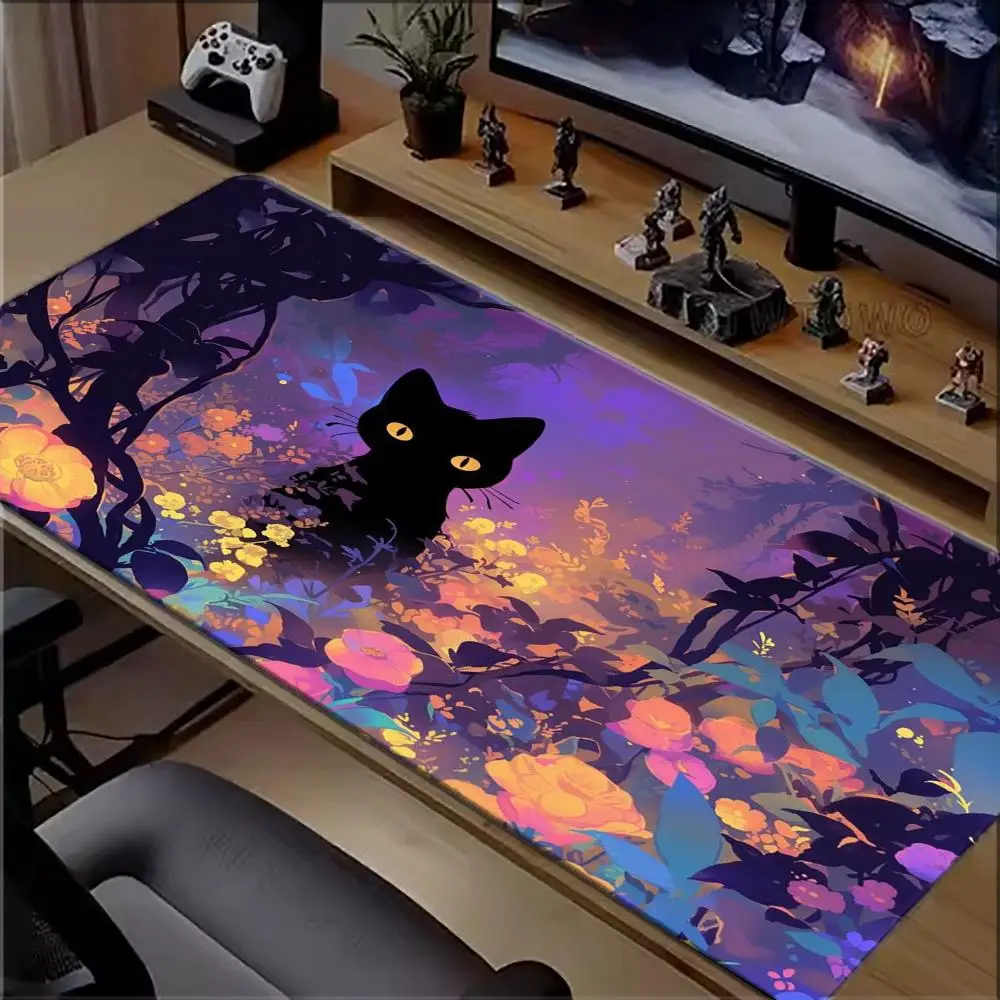 Black Cat In Purple Floral Forest Large Desk Mat Mouse Pad Mousepad NonSlip Rubber Base For PC Gaming Laptop Home Office Desktop