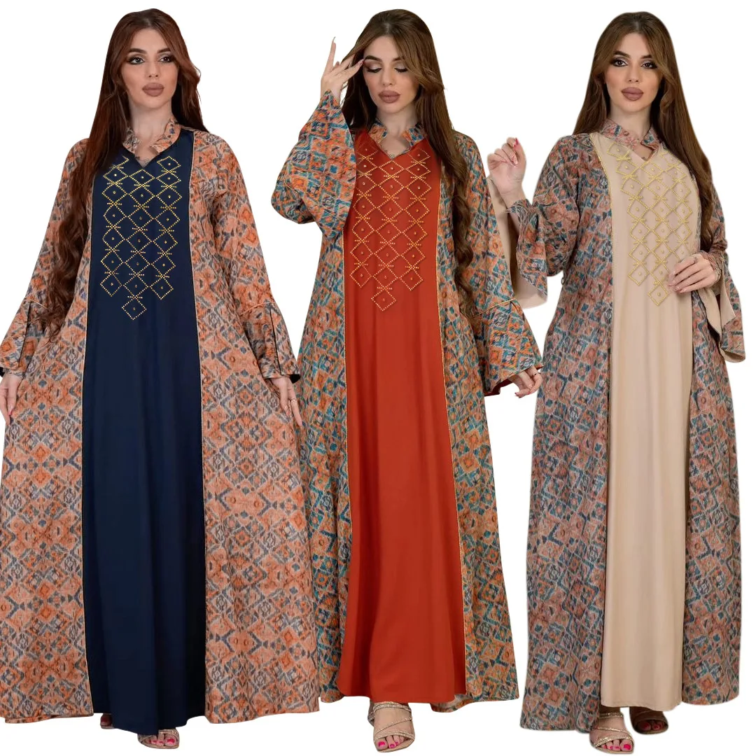 Nation Robe Fashion Muslim Dress Women Printing Diamond Casual Arabian Dubai Abaya Party Holiday Long Sleeve Daily Dress Vestido