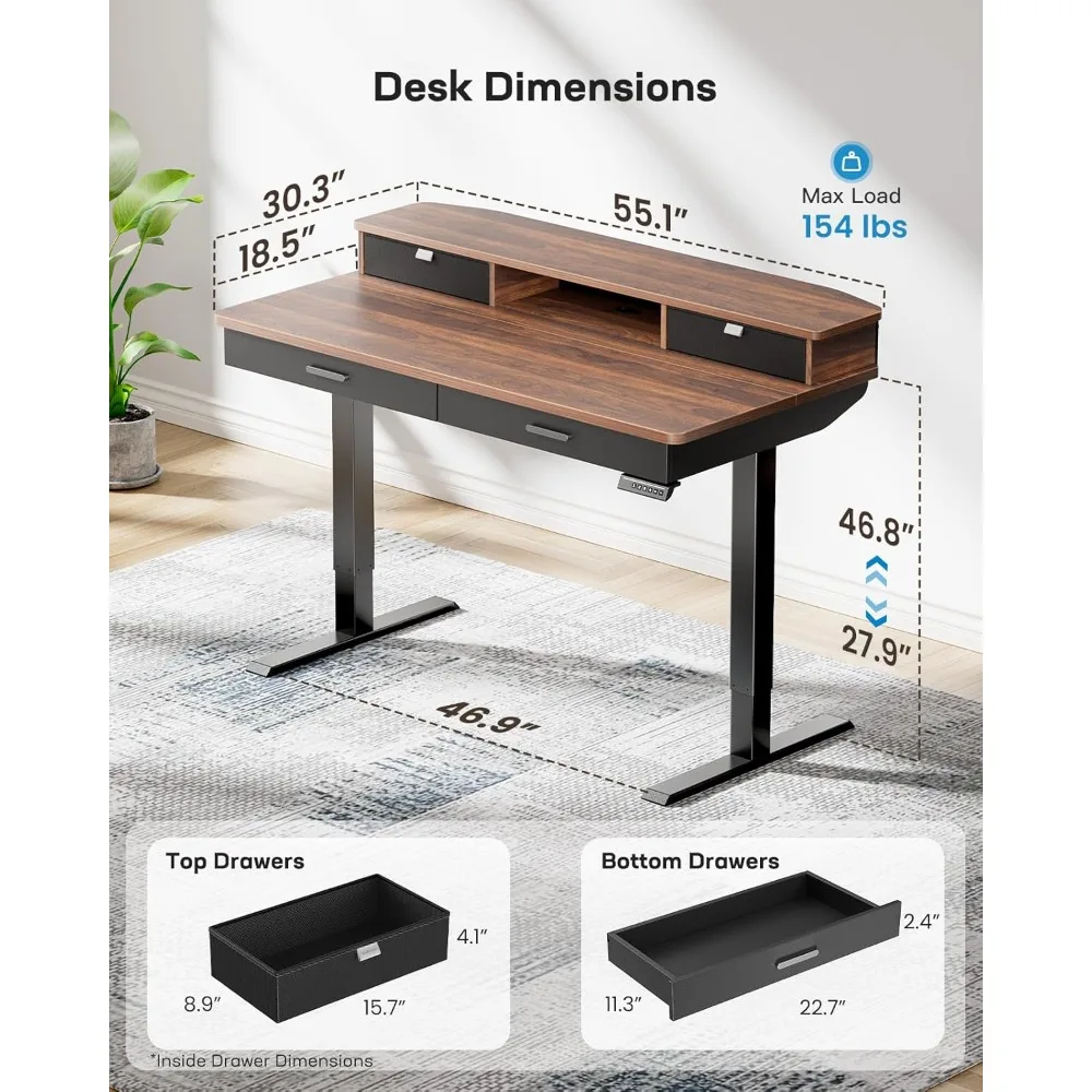 مكتب قائم كهربائي مقاس 55 × 30 بوصة مع أدراج خشبية، ارتفاع قابل للتعديل، حامل مكتب منزلي مع طبقتين، جوز #3