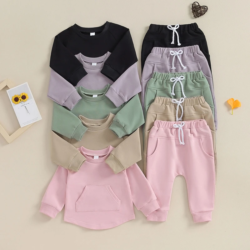 2023-10-17 Lioraitiin 0-3Y Toddler Baby Boy Girl Clothes Set Crewneck Solid Color Long Sleeve Shirt Tops Sweatshirt Pants Outfit