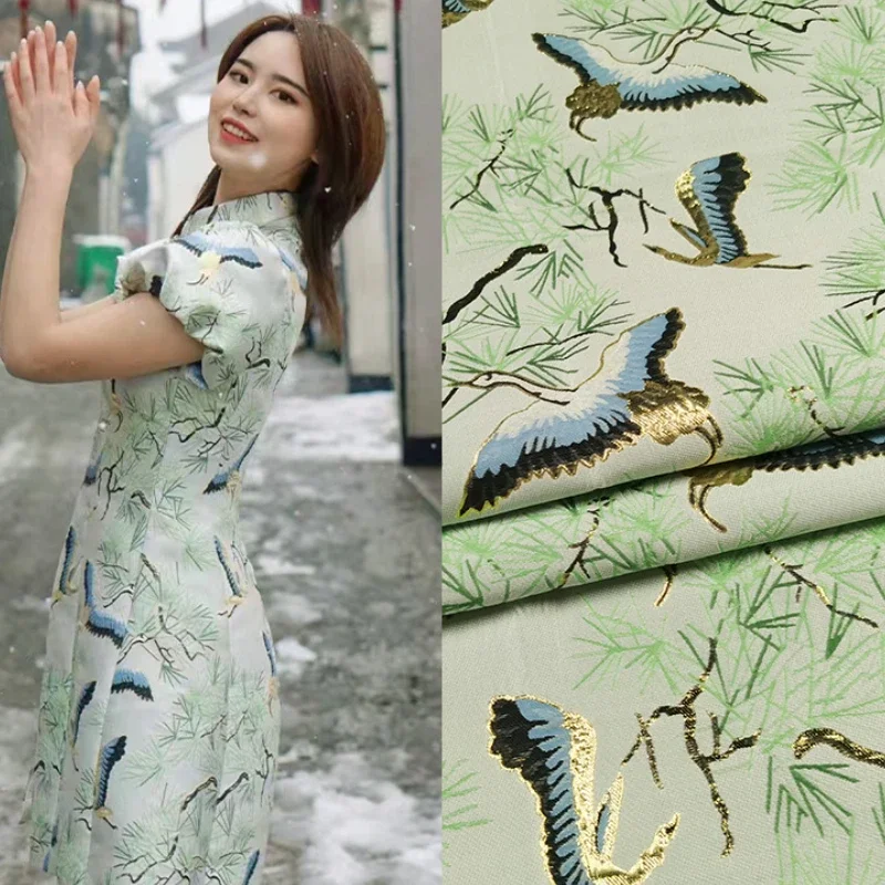 Golden Silk Brocade Jacquard Fabric Chinese Style Pine Crane Peng Peng Skirt Neat Windbreaker New Year Clothes Fashion Design