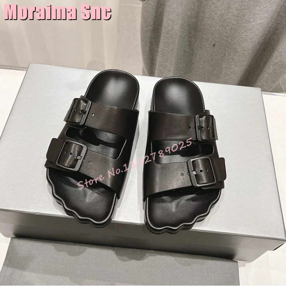 Fashion Unique Toes Shape Belt Buckle Slippers Leather Hollow 2024 New Women's Slides Summer Beach Casual Outdoor Black Solid