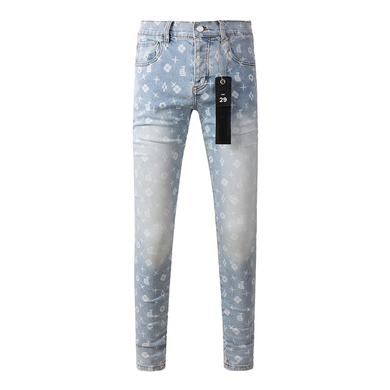 Pantalones vaqueros rasgados con botones ajustados elásticos con estampado láser azul claro desgastado de calle americana para hombre