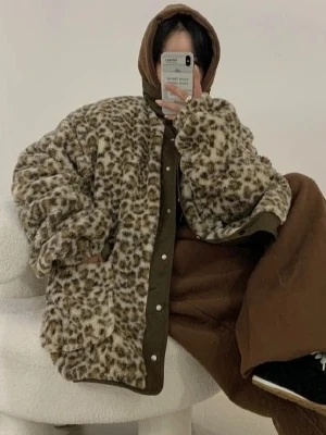 

Korean Sle Lamb Fur Leopard Print Jaet Women's Loose Single Button Cotton Coat Trendy Vintage New Arrival Winter 2025