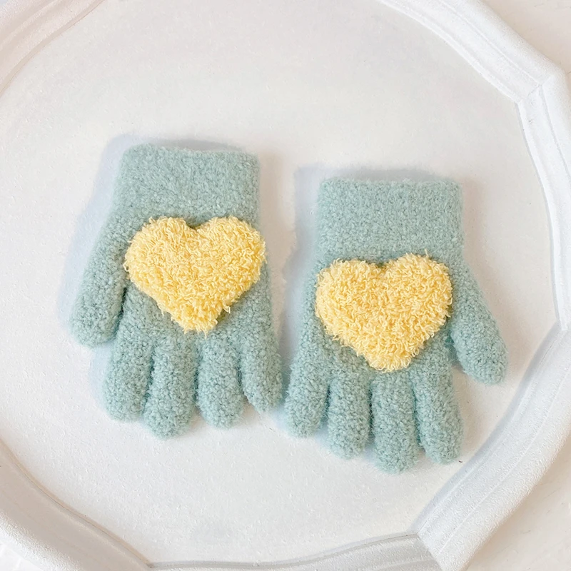 Guantes cortos para niños, guantes cálidos de felpa para otoño e invierno, guantes gruesos de cinco dedos, guantes con dedos completos y corazón antifrío