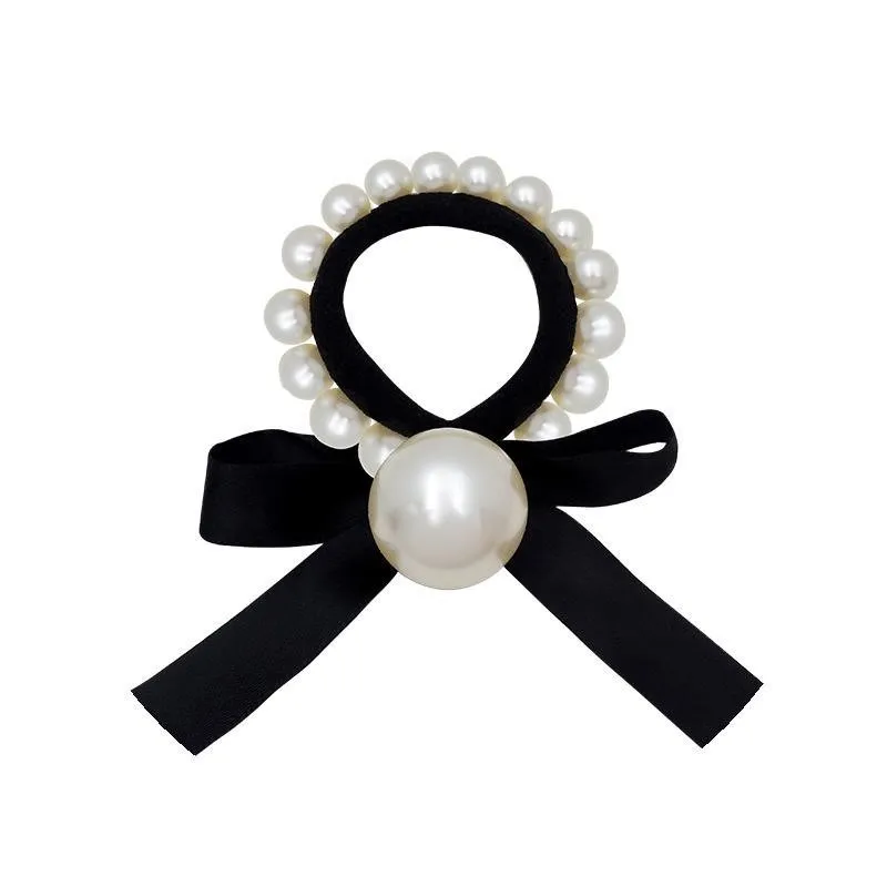 

Beautiful Pearl Hairbands for Woman Strong Elastic Band Black Ribbon Hair Ropes Ponytail Decorations