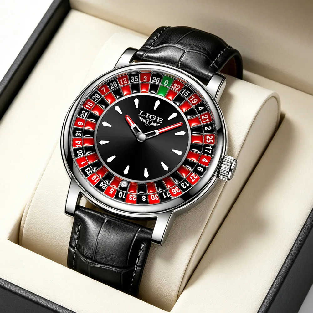 

LIGE Fashion Men Watch Rotating Dial Las Vegas Roulette Desktop Watch Men Waterproof Luminous Quartz Watches Creative Clock