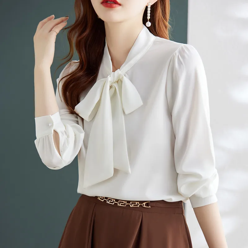 Bow Tie Long Sleeve Shirt Women New Fashion Temperament Design Autumn Professional Acetata Satin Blouses Office Ladies Work Tops