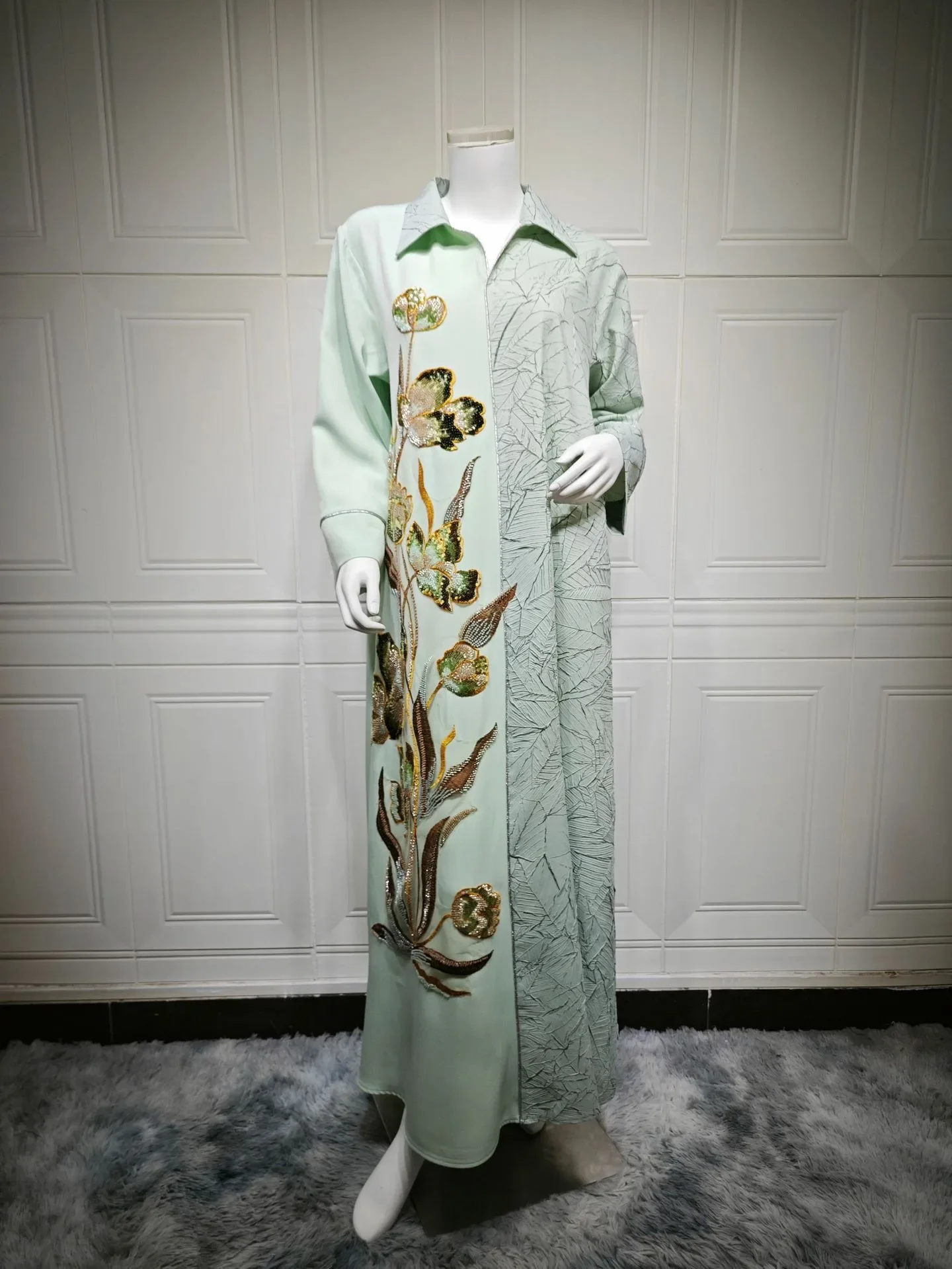 ชุดมุสลิมผ้าแจ็คการ์ดปักเลื่อมลายชาติพันธุ์ ชุดคลุมแบบดูไบ อบายา สำหรับรอมฎอน อีด เจลลาบะห์ เสื้อผ้าอิสลาม จาลลาบียะห์ คาฟตัน