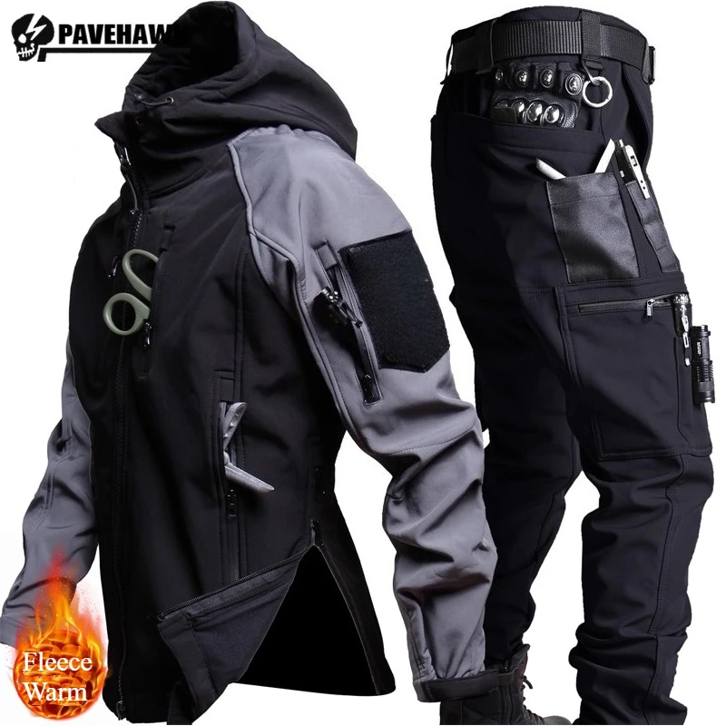 

Winter Outdoor Mens Tactical Suit Soft Shell Tactical Fleece Hooded Jacket Multi-pocket Cargo Pants 2-pcs Combat Training Suits