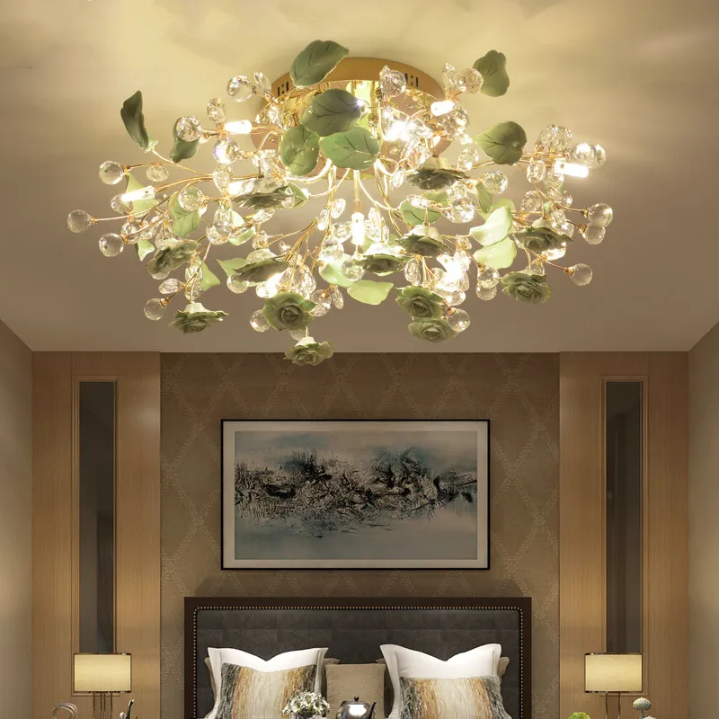 European crystal ceiling lamp luxury modern simple ceramic ceiling lamp bedroom dining room creative flower lamp