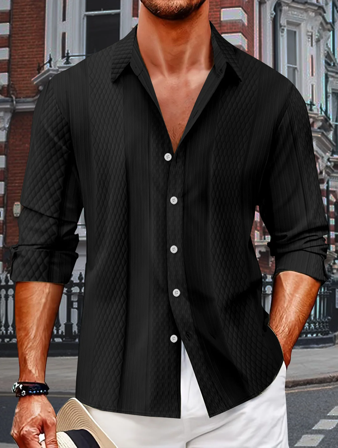 Autumn fashion men's business casual jacquard long-sleeved shirt single-breasted lapel plaid solid color top