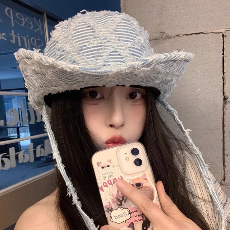 Retro Denim Rough Edge Bucket Hats for Women Summer Outdoor Camping Sun Protection Versatile Casual Big Brim Men's Caps