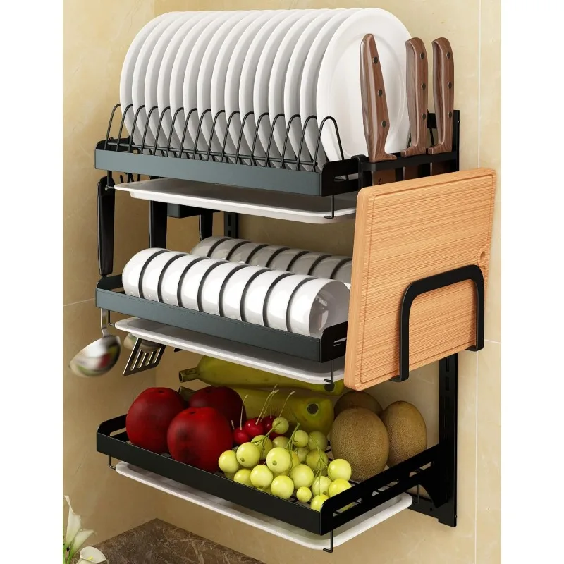 Wall Mounted Stainless Steel Dish Drying Rack Fruit Vegetable Storage Basket with Drainboard and Hanging Chopsticks Cage Knife