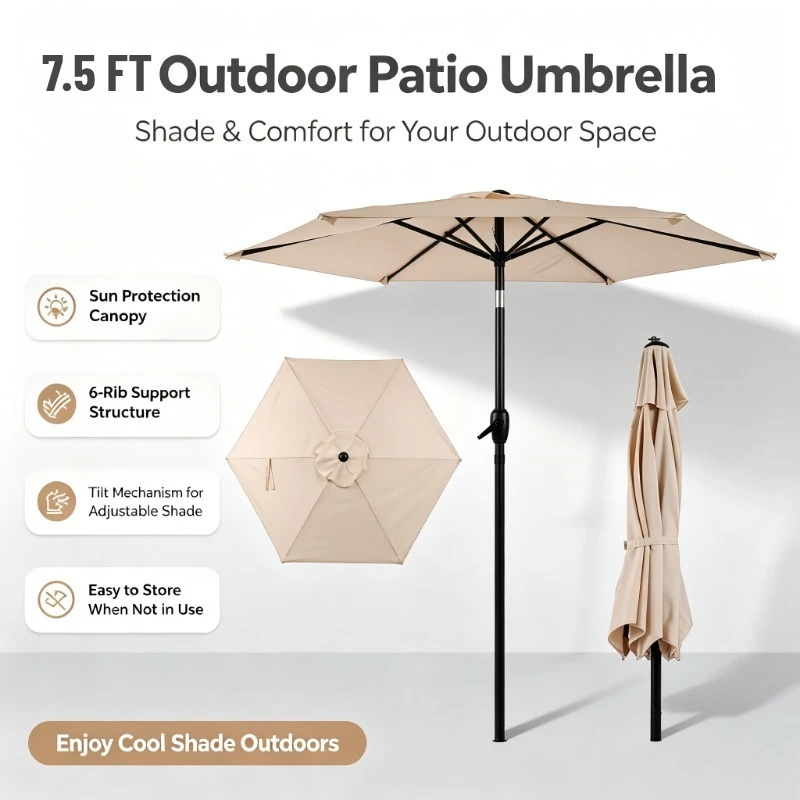 7.5FT Outdoor Hexagonal Patio Umbrella Beige UV‑Resistant Polyester Canopy Manual Crank Open Black Metal Ribs Waterproof Outdoor Table Umbrella for Garden Poolside Backyard Shading(Base Not Included)