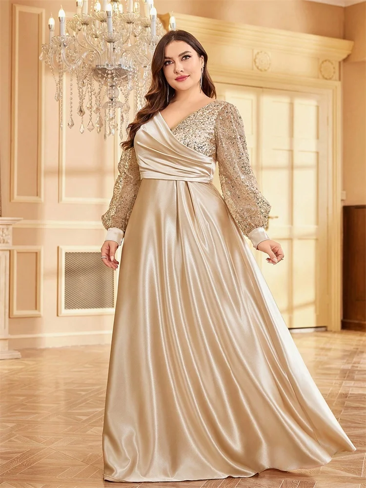 Plus Size Luxury V-Neck Sequins Splicing Evening Dresses Elegant Women Bridesmaid Party Long Sleeve Cocktail Gowns