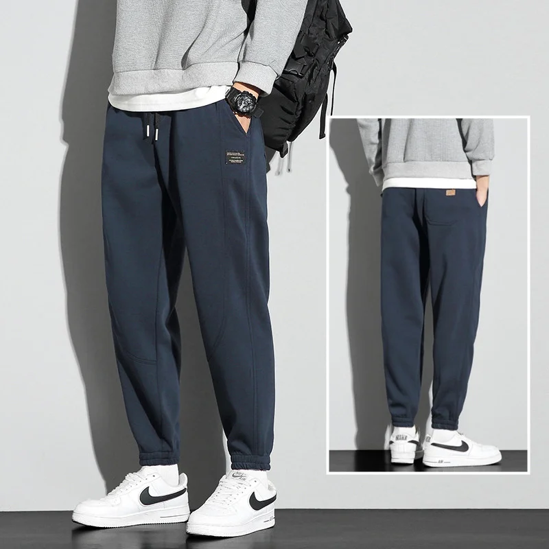 Men's Fce Lined Thiened Casual Pants Autumn Winter Trendy Loose Teenage Student Workwear Large Size Cuffed Trousers