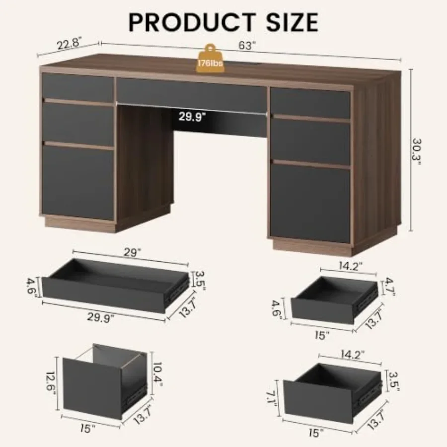 Executive Computer Desk with Storage, 63'' Size, Engineered Wood, Black, 7-drawer Organization and Cable Management