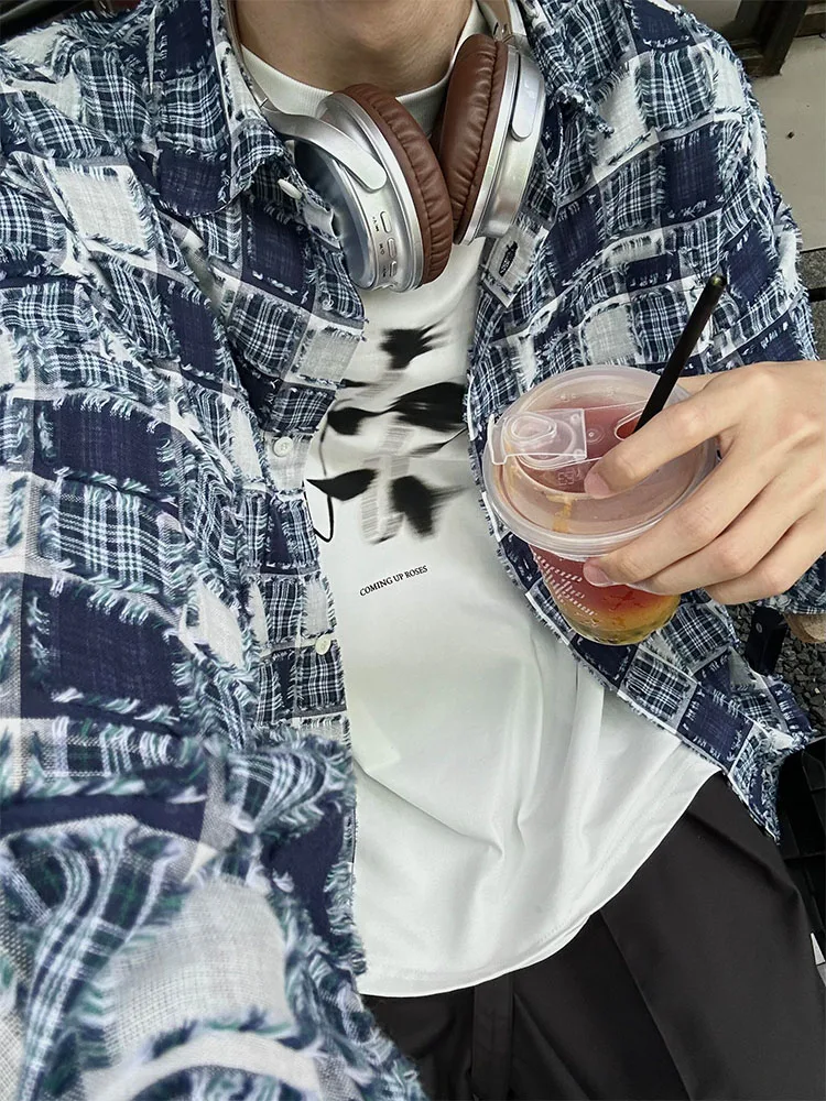 

Blue Plaid Casual Loose Long Sve Men's irt Vintage American Tassel Design Spring Autumn Top Youth Faion Trend