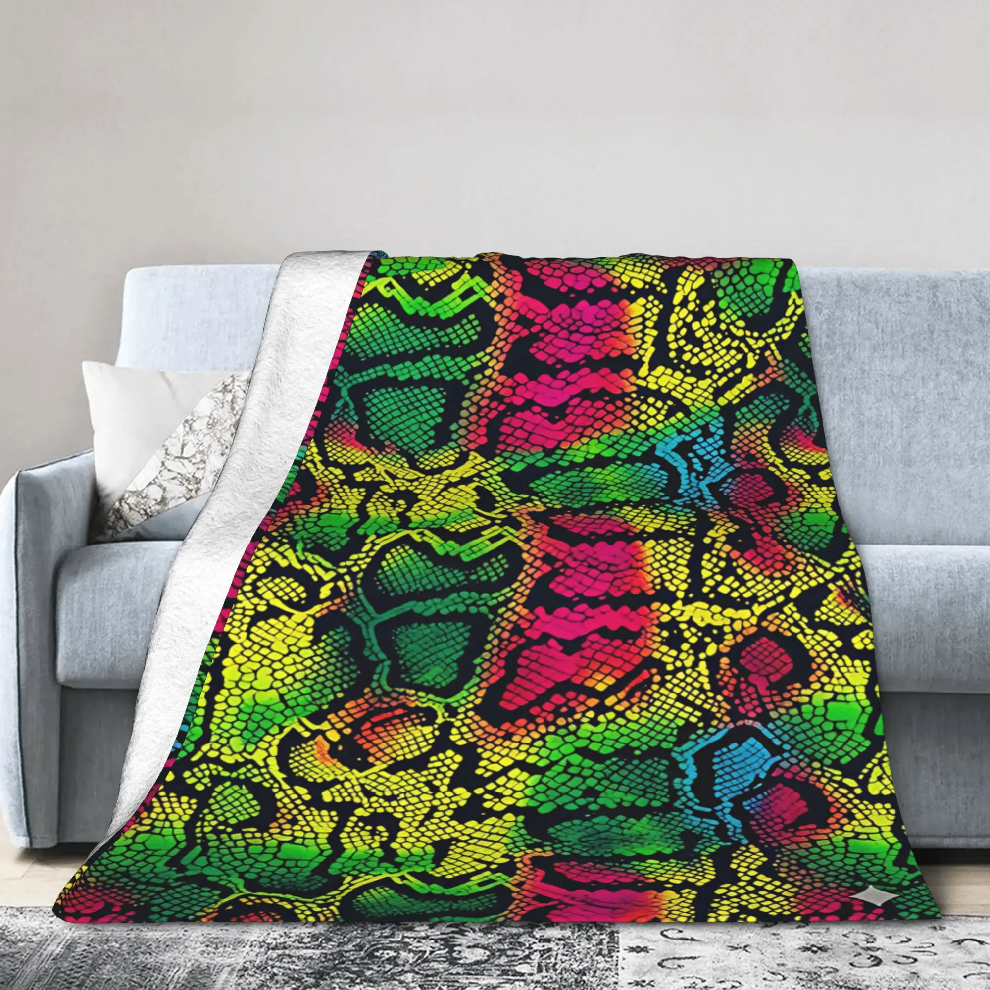 Soft Throw Blanket Camping Rainbow Neon Snake Skin Blankets  Flannel Bedspread For Living Room Funny Sofa Bed Cover