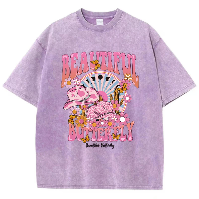 T-shirt lavata in cotone da donna alla moda Un mondo bello e brillante Stampa T-shirt Summer Street Manica corta Abbigliamento femminile oversize