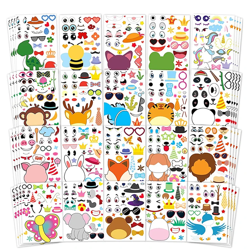 6-36PCS Make-a-face Sticker Sheets Make Your Own Animal Mix and Match Fantasy Animals Kids Party Favor Supplies Craft Puzzle Toy