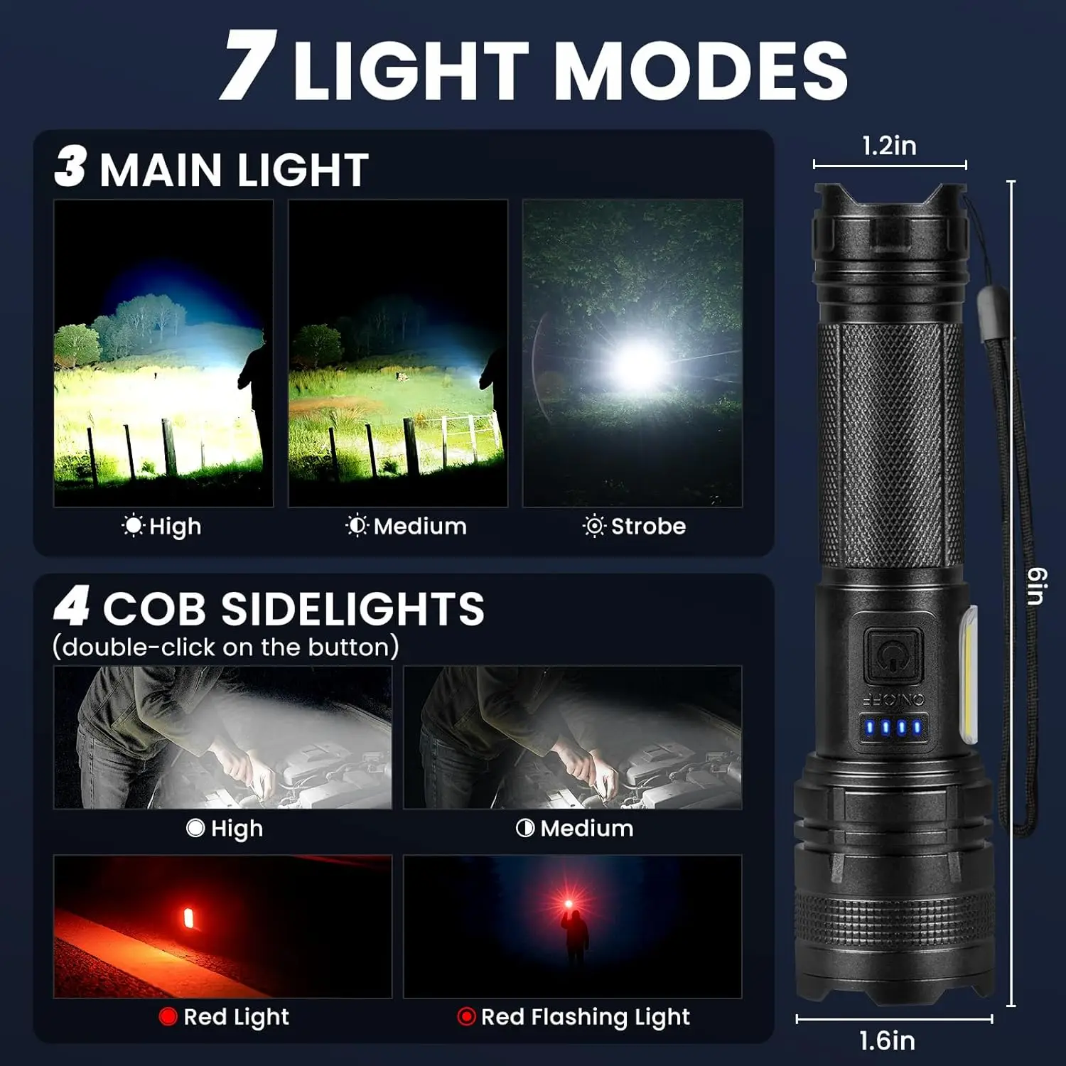 مصابيح كاشفة LED قابلة لإعادة الشحن 90000LM، 7 أوضاع، محمولة عالية الطاقة للتخييم والمشي لمسافات طويلة والعمل الليلي (عبوتان)