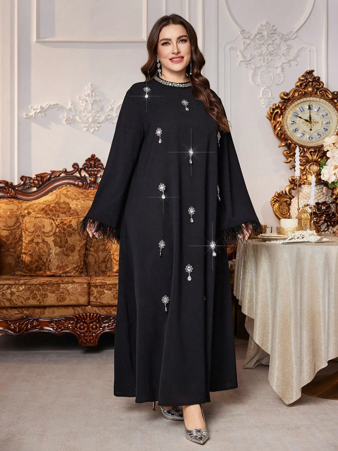 

Elegant Black Rhinestone Embellished Long Sleeve Loose Maxi Dress For Women