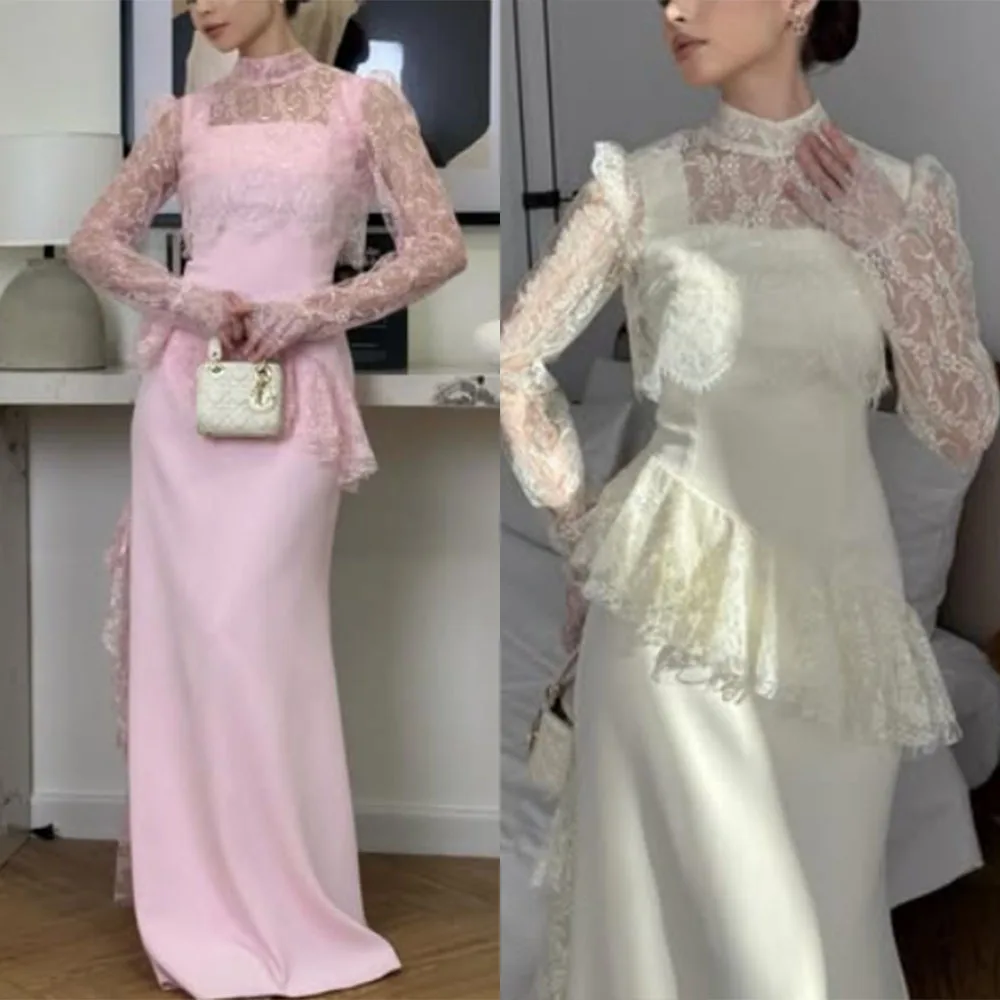 

Высококачественное Элегантное Платье Макси с Высоким Воротником, Кружевом и Плиссировкой А-силуэта для Женщин, для Свадебных Торжеств и Вечеринок