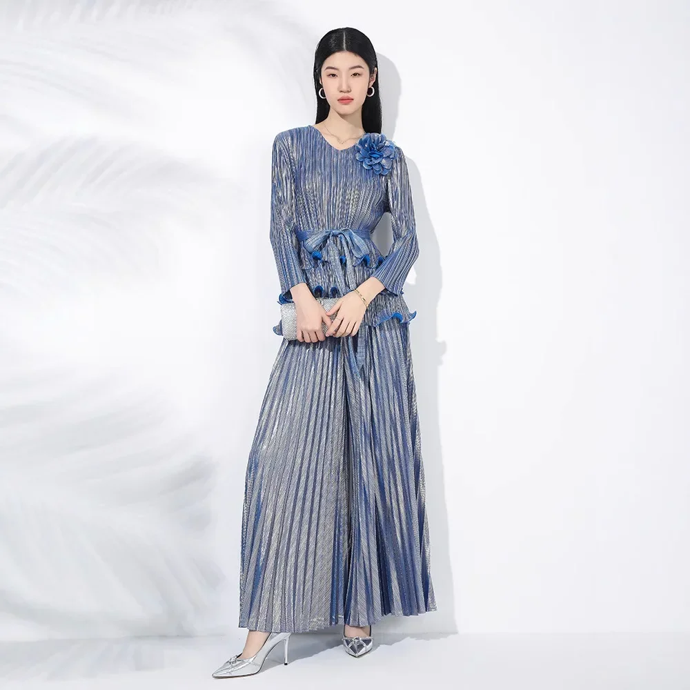 

Miyake плиссированный бронзовый костюм, женский весенний новый пуловер с закрытыми краями, топ, широкие брюки с высокой талией, комплект из двух предметов