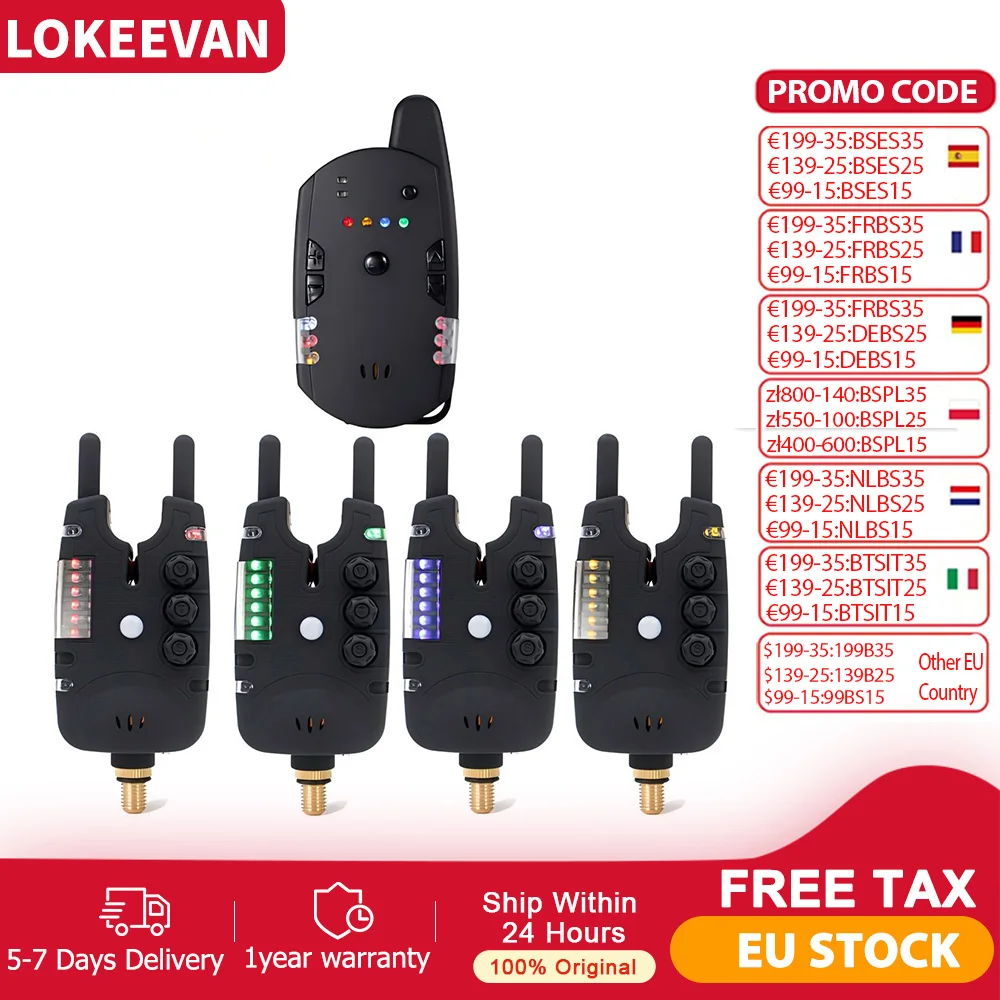 Wireless Carp Fishing Alarm Kit,4 Alarms and 1 Receiver,Functional Bite Alarm with Radio Tone,LED Light,Adjustable Sensitivity
