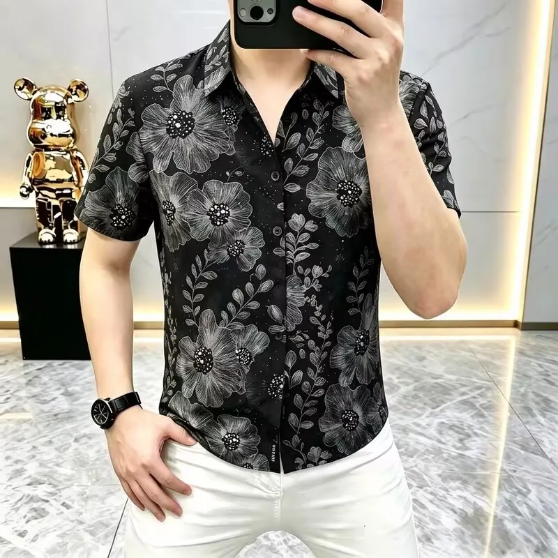 Luxury Rhinestone Short Sleeved Shirt for Men's Summer Collar Casual Business Social Shirts Streetwear Party Tuxedo Blouse 2026