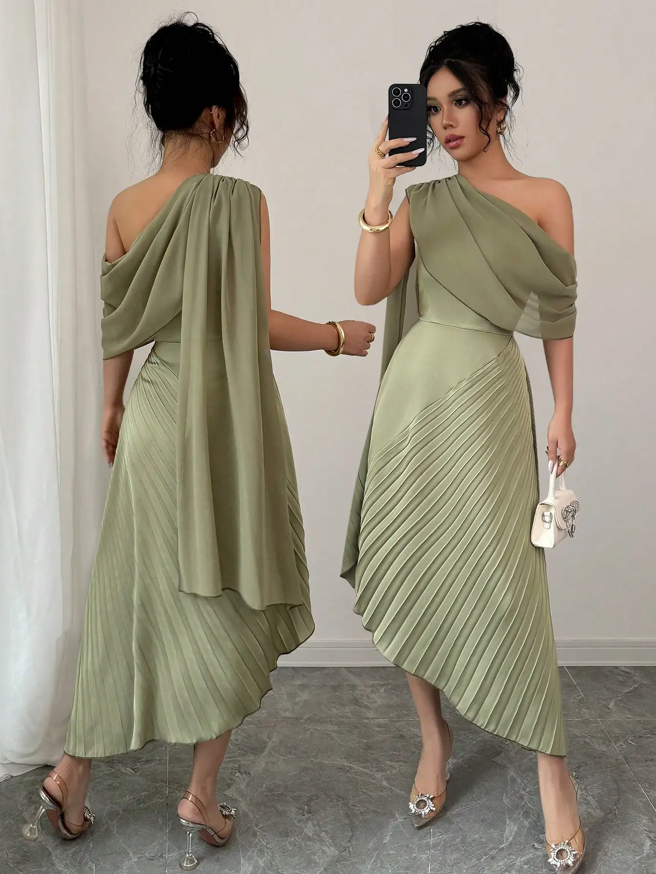 

High-end draped design one-shoulder dress with asymmetrical hem; fashionable and temperamental dress