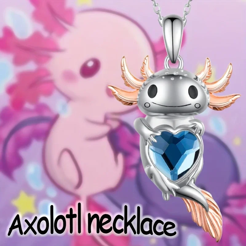 Cute Axolotl Salamander Heart Pendant Necklace Zinc Alloy Lovely Marine Animal Jewelry for Women Girls Birthday Holiday Gift