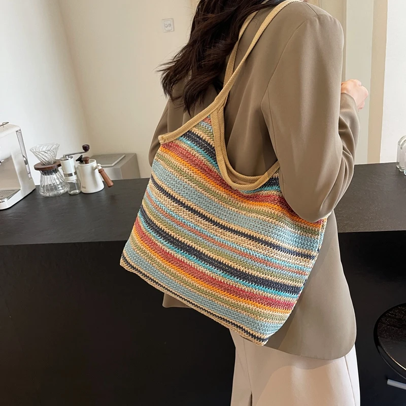 LEFTSIDE Big Striped Straw Bags for Women 2024 Y2K Fashion Summer Shoulder Bags Handbags and Purses Weave Beach Underarm Bag