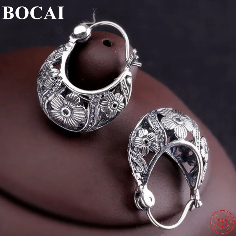 S925 Sterling Silver Clips Earrings for Women Hollow Flowers Basket Pattern Clips Drop Pure Argentum Jewelry