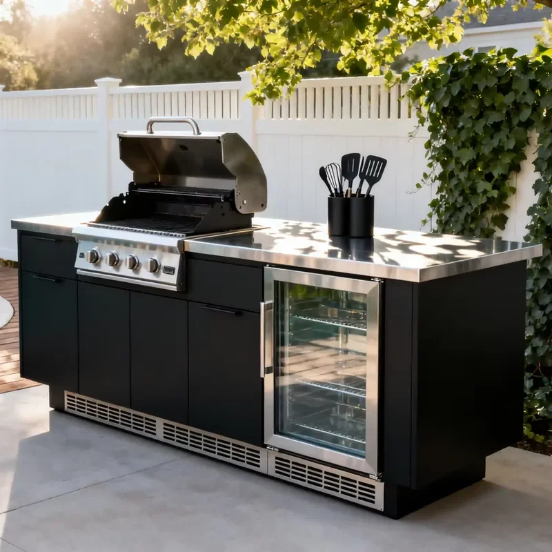 BAINENG HOT SALE Waterproof Black Modern Design Plywood Stainless Steel Outdoor BBQ Kitchen Cabinet Grill Sink Custom Cabinet