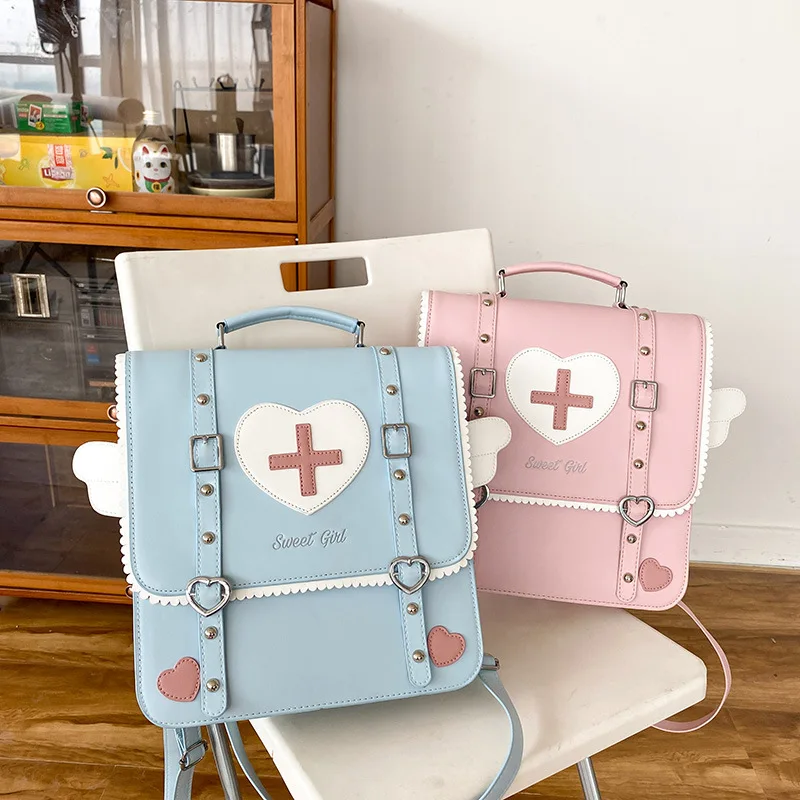 Cute Lolita Japanese Style Backpack Young Girls Kawaii Uniform School Bag Small Travel Bag Wings Daypack Women Ita Purse IB100