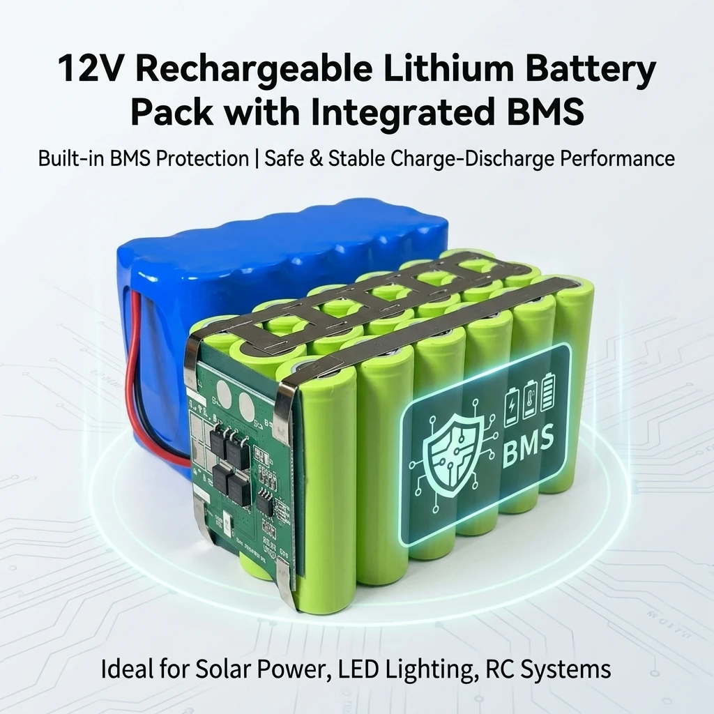 12V 18650 Lithium Battery Pack with BMS and Charger Rechargeable Power Supply for Solar System LED Light RC Model