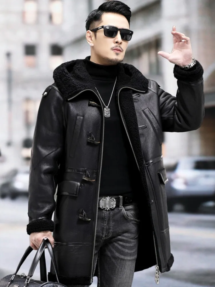 Luxury New Business Men Winter Work Shearling Overcoat Hooded Long Real Fur Coat Trench Warm Wool Lining Genuine Leather Jacket