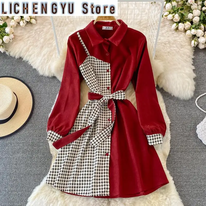 

New Fashion Elegant Design Women Dress Tweed Patchwork Contrast Color Plaid Fake Two Piece Dresses Autumn Winter