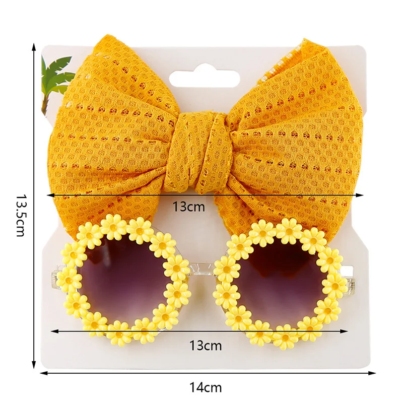 Sun Flower Sunglasses Bow Hairband Set Cute Baby Girls Hair Accessories Newborn Head Bands Summer Beach Photography Props 2Pcs