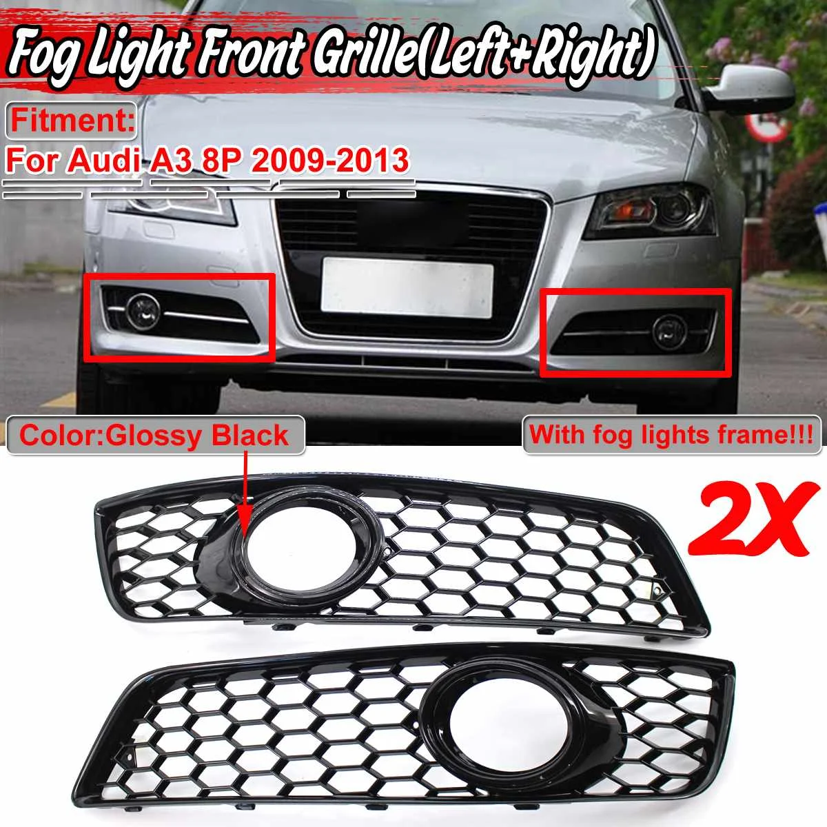 

For Audi A3 8P 2009-2013 Front Bumper Fog Light Grille 1Pair Car Honeycomb Mesh Fog Lamp Grille Cover