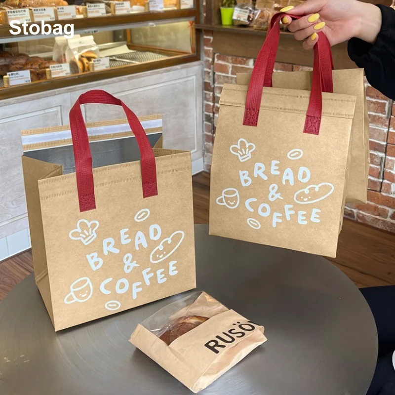 

StoBag 10pcs Kraft Paper Non-woven Insulation Bags Tote Portable for Food Drinks Package Delivery Keep Warm Cold Reusable Pouch