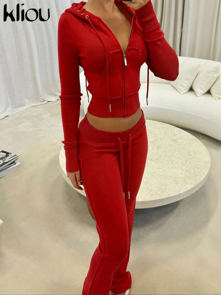 kliou Casual Autumn Women 2 Piece Set Solid Cross Drawstring Hooded Zip-up Tops+High Waist Pants Female Daily Active Tracksuits