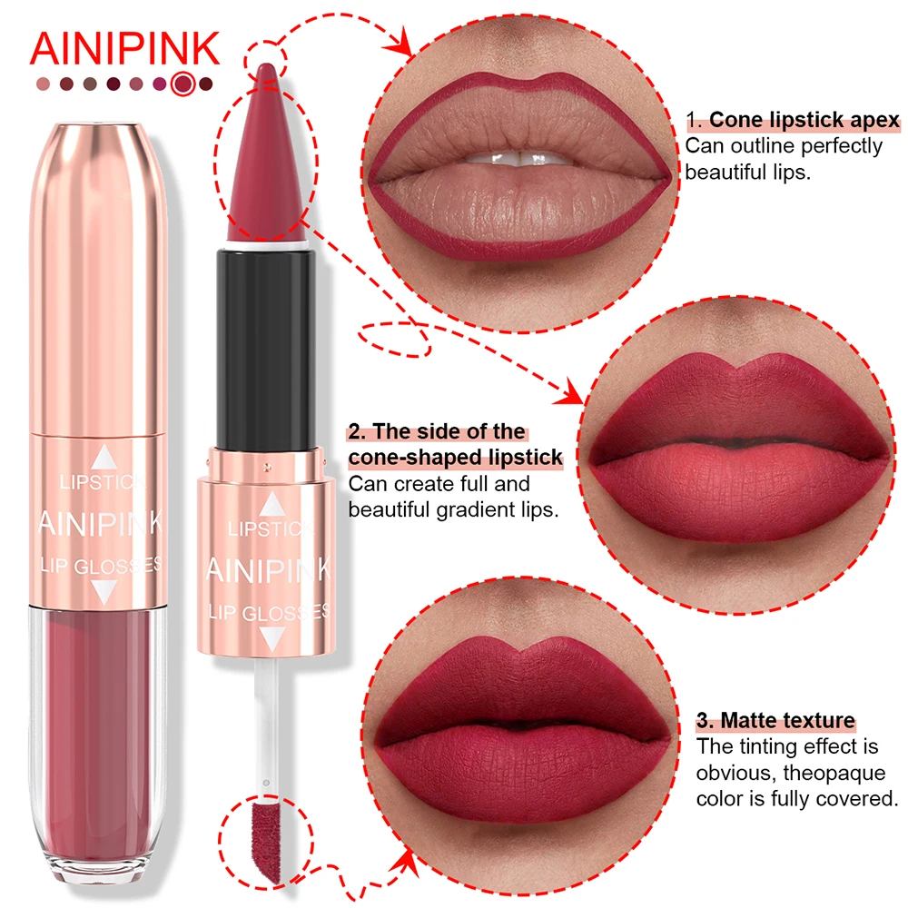 AINIPINK リップスティック+リップグロス 2-in-1 マット仕上げ、防水、色落ちしない、カップにくっつかない、保湿、完璧なメイクアップの選択肢