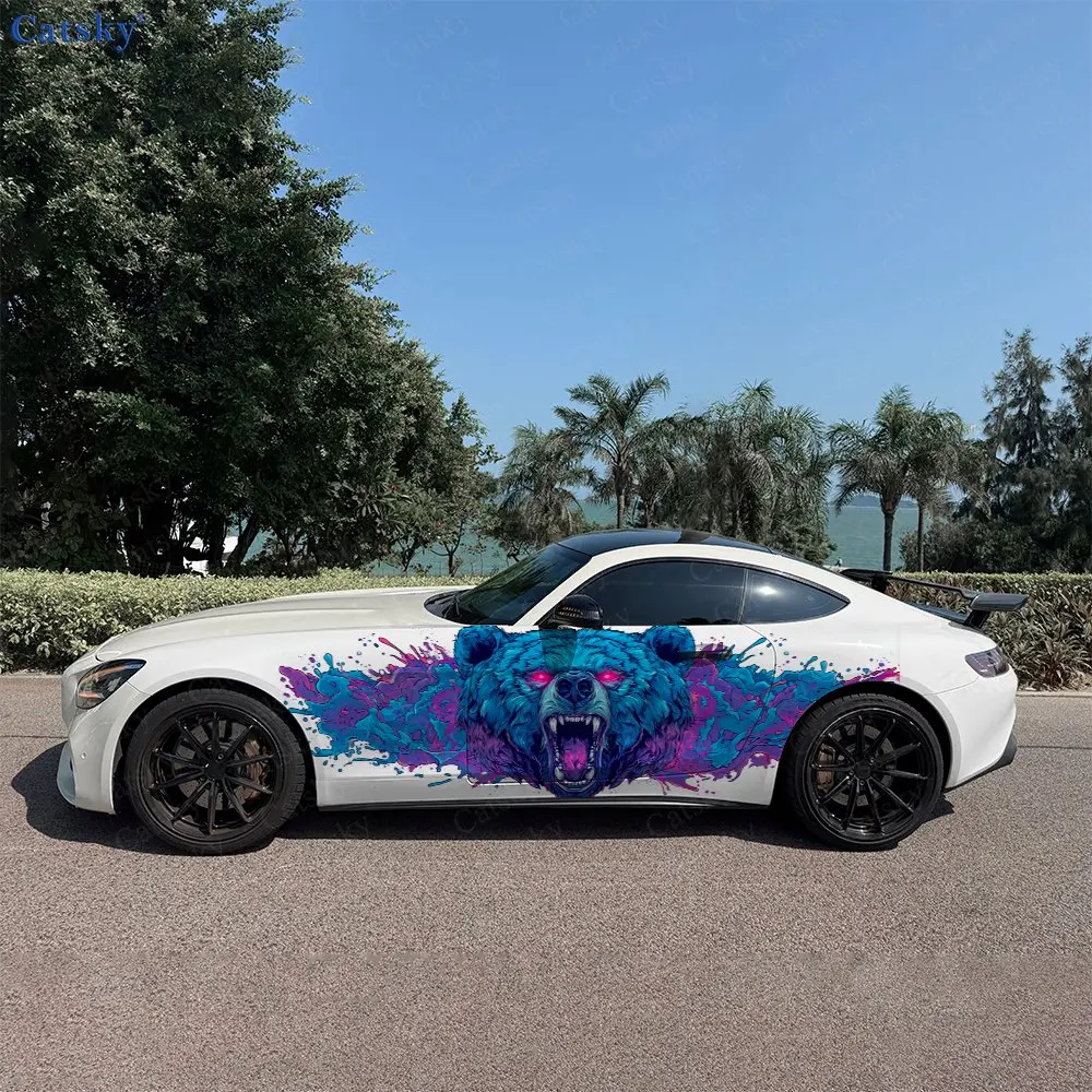2pcs Street Graffiti Style Furious Bear Car Side Wraps, Self-Adhesive PVC Waterproof & Scratch-Resistant Stickers