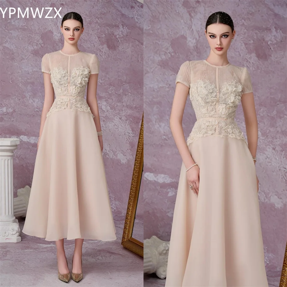 Customized YPMWZX Scoop Neckline A-line Tea length Skirts Draped Applique Bespoke Occasion Dresses